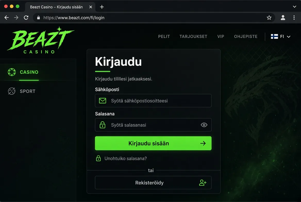 Beazt Casino kirjautumissivu tietokoneen selaimessa