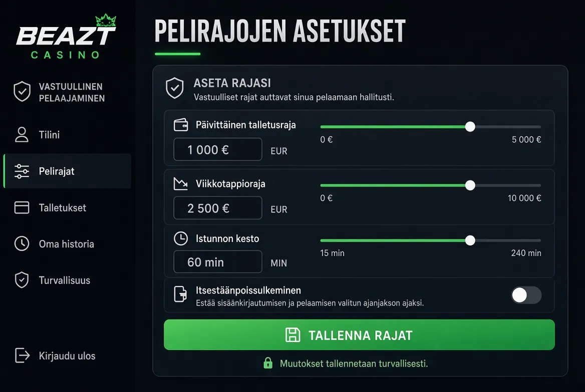 Beazt Casinon vastuullisuustyökalut - talletusrajat, itsesulku ja cool-off-asetukset tilinhallinnassa
