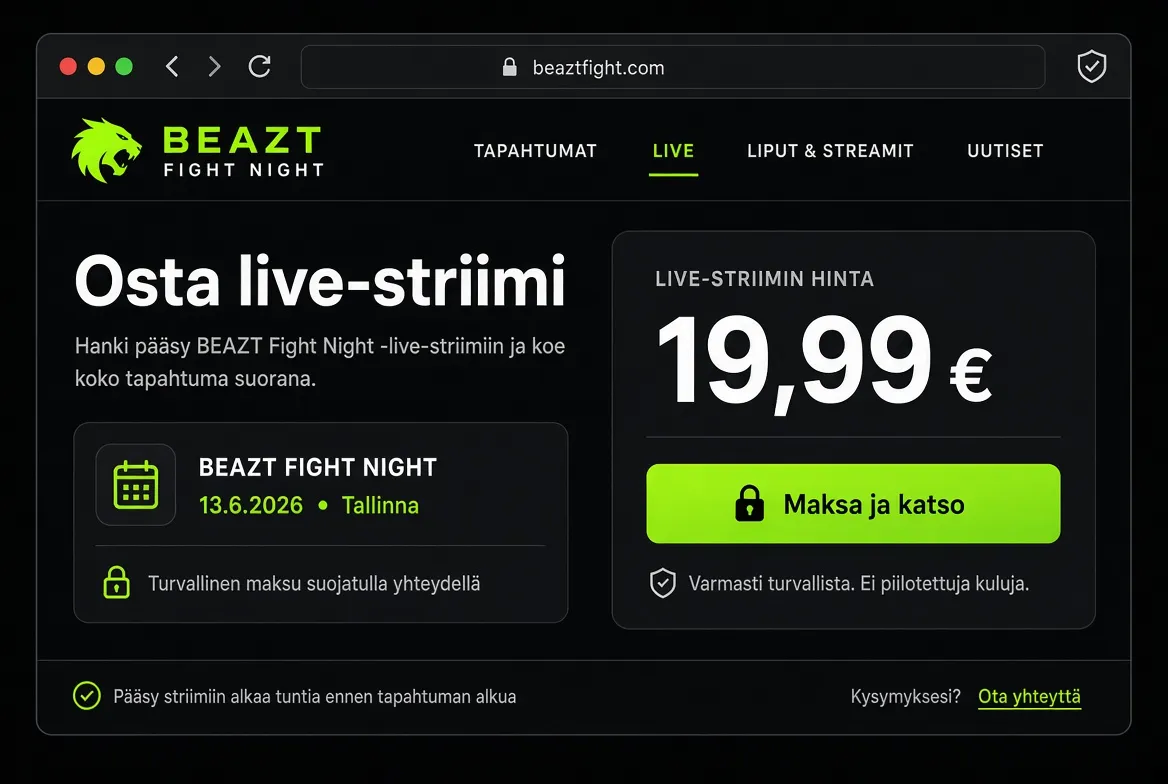 Beaztfight.com-sivuston stream-oston aloitusnäkymä ennen Beazt Fight Night -ottelua
